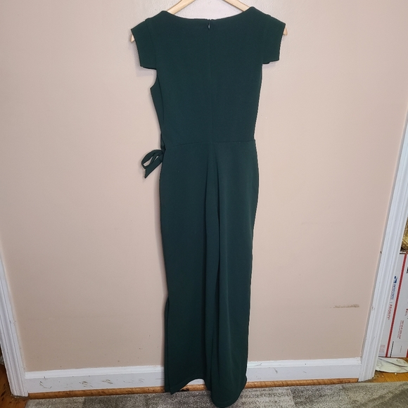Bebe Side Slit Wideleg Jumpsuit Green Tie Waist - Picture 8 of 14